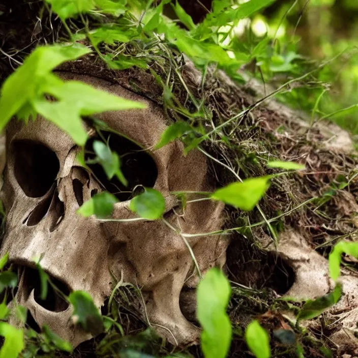 Image similar to overgrown foliage on a wolf skull, close - up, beautiful, lens flare, emotional, sweet