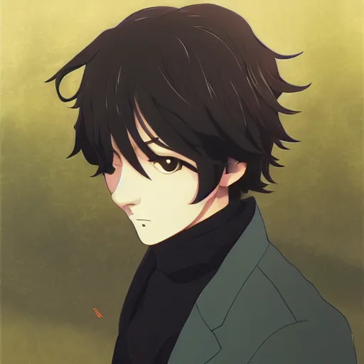 Image similar to high quality portrait of edgar poe. art by makoto shinkai, crunchyroll, pixiv, danbooru, hd, headshot, cinematic still, detailed anime face, bokeh, digital art, cel shading, vivid colors, ambient lighting