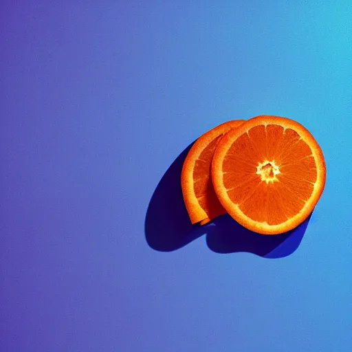 Image similar to a blue orange sliced in half laying on a blue floor in front of a blue wall, hyper realistic, ambient lighting, concept art, intricate, hyper detailed, smooth, dynamic volumetric lighting, octane, cinematic, high quality, high resolution, 4 k