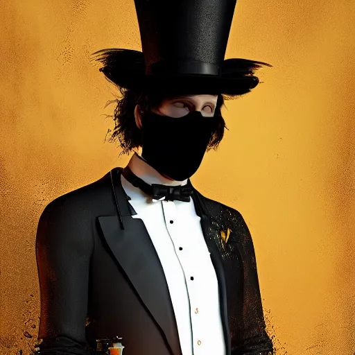 Image similar to a highly detailed portrait of a man in a high top hat covering his face, in a black tailcoat with a yellow waistcoat under the tailcoat, artstation, deviantart, professional, unreal engine 5, photorealistic