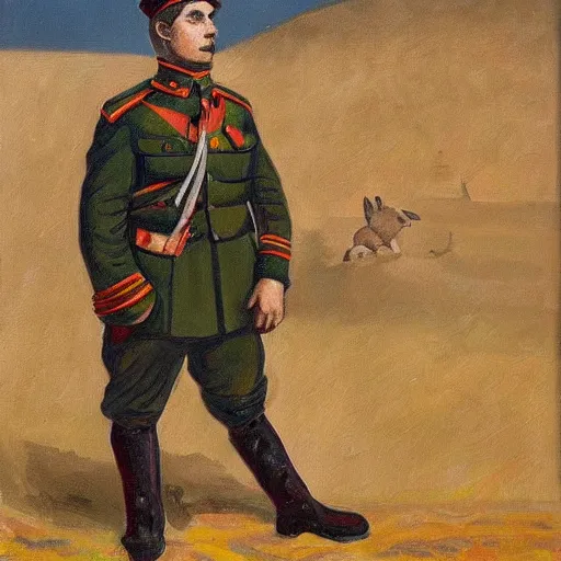 Image similar to a painting of a rabbit wearing a russian world war 1 uniform, standing at the edge of a muddy trench