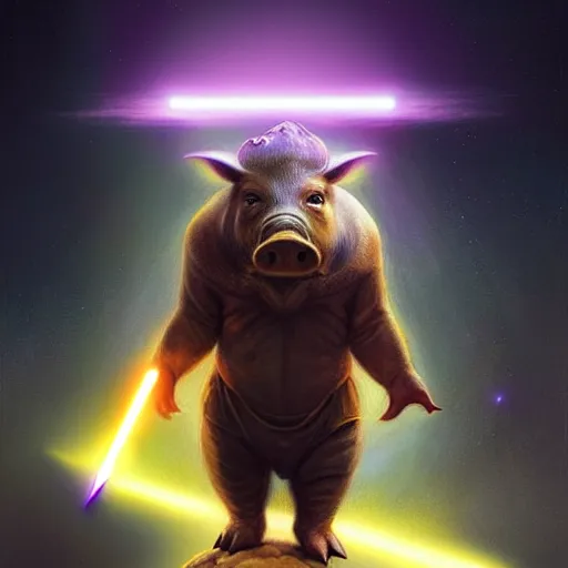 Image similar to cute anthropomorphic boar full as an jedi in a spaceship, body portrait, divine lightning, by greg rutkowski, by charlie bowater