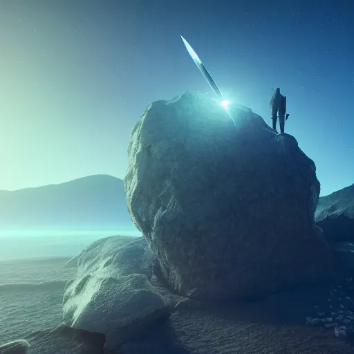 Image similar to hyperrealistic sword standing on a glowing rock, distant planet in background, fog, glow, sharp, 4 k, lens flare, highly detailed digital art, trending on artstation, masterpiece