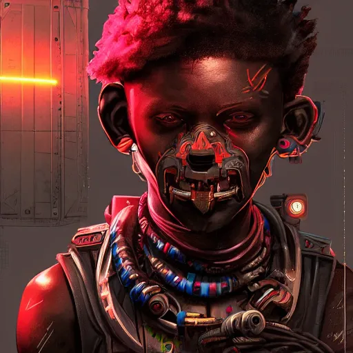 Prompt: a dark and ominous cyborg african child soldier with glowing eyes and a mechanical lower jaw with sharp teeth, neon graffiti, Apex Legends character digital illustration portrait design, by android jones and greg rutkowski in a cyberpunk voodoo style, retrowave color scheme, detailed, cinematic lighting, wide angle action dynamic portrait