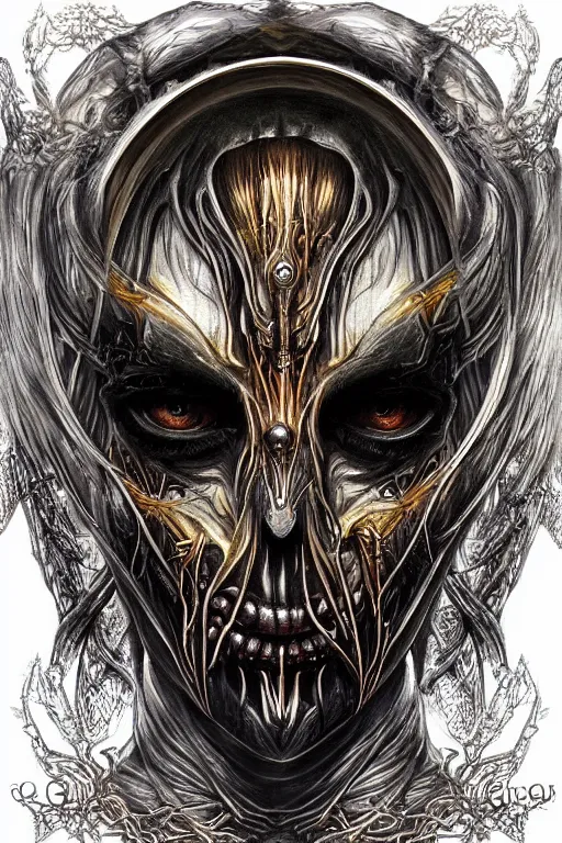 Prompt: Elden Ring and Doom themed painting of majestic chromatic biomechanical anatomical elven female hybrid beautiful ethereal angel symmetrical neutral mask closeup face tattoo pattern golden ratio concept, Neo-Gothic concept, infinity glyph waves, intricate artwork masterpiece, very coherent artwork, cinematic, full frontal facial features by Artgerm, art by H.R. Giger, Takato Yamamoto, Zdizslaw Beksinski, Johnatan Wayshak, Moebius, Ayami Kojima, very anatomically coherent artwork, trending on cgsociety, ultra high quality model, production quality cinema model, high detail chromatic ink outline, octane render, unreal engine 8k, hyper realism, high detail, octane render, unreal engine, 8k, High contrast