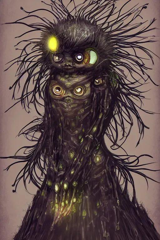 Image similar to a humanoid figure dandelion monster with large glowing eyes, highly detailed, digital art, sharp focus, trending on art station, artichoke, anime art style