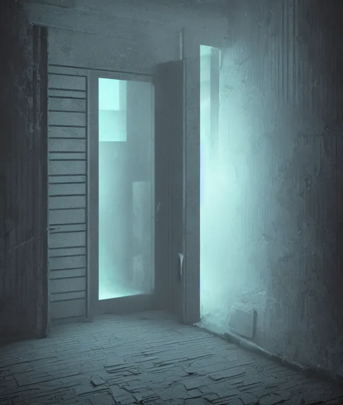 Prompt: a door at the end of a long dark staircase leading down and a dark corridor by beeple, trending on artstation „