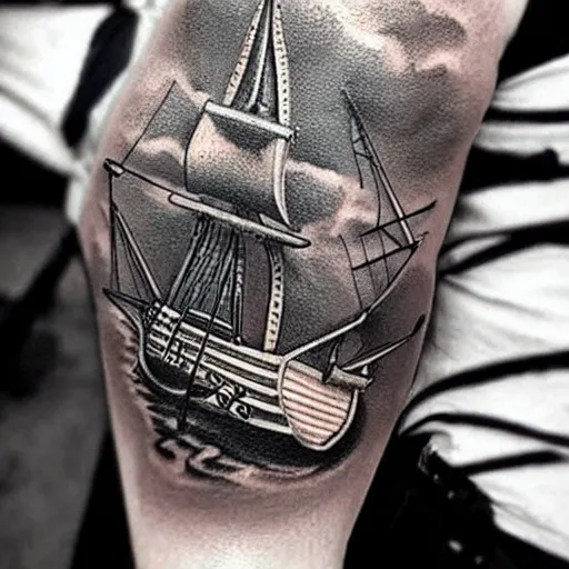 Image similar to realism tattoo design of a pirate ship, by Matteo Pasqualin tattoo artist