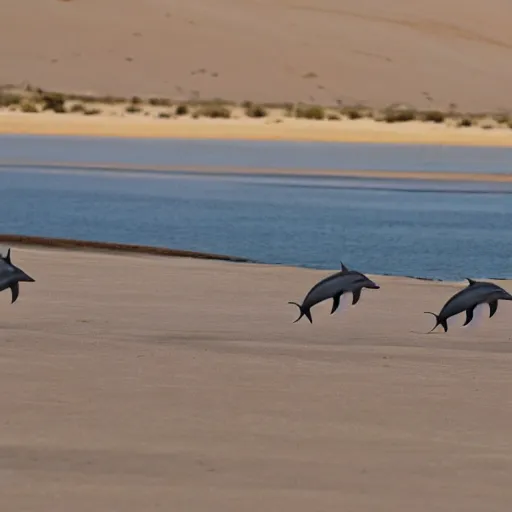 Prompt: dolphins walking in the desert