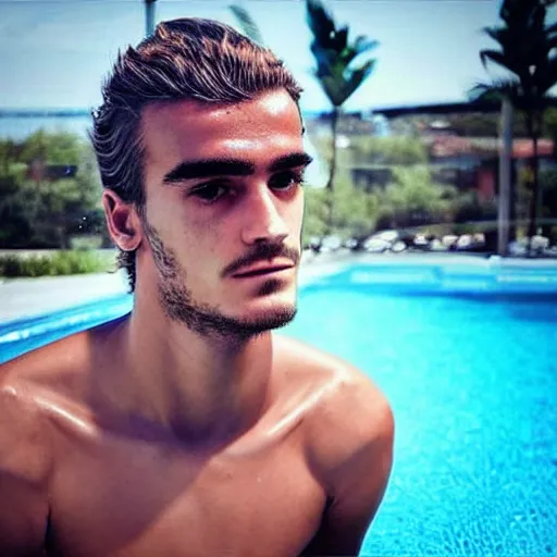 Image similar to “ a realistic detailed photo of a guy who is an attractive humanoid who is half robot and half humanoid, who is a male android, soccer player antoine griezmann, shiny skin, posing like a statue, blank stare, at the pool, on display ”