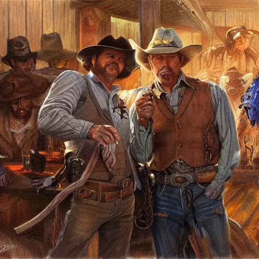 Image similar to two cowboys in a bar fighting ghouls, fantasy D&D character, portrait art by Donato Giancola and James Gurney, digital art, trending on artstation