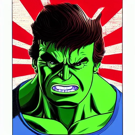 Image similar to Donald Trump as the incredible Hulk. Anime style. Detailed face. Dramatisch lights.