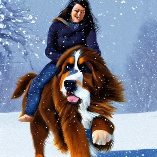 Image similar to girl riding giant Bernese Mountain Dog in the snow, trending on artstation