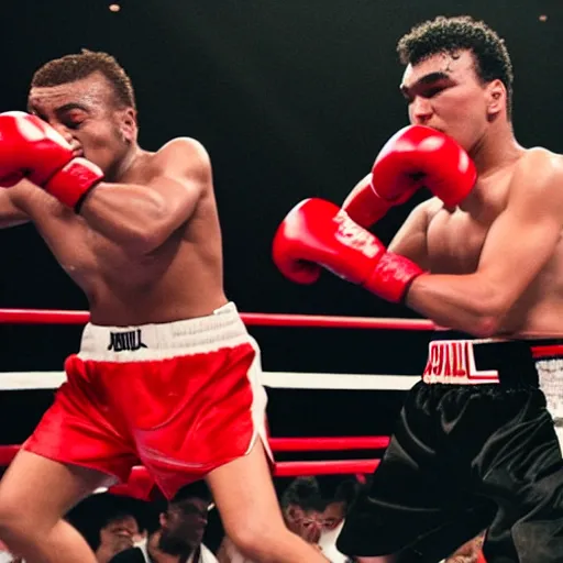 Image similar to jake paul vs mohammed ali, brutal boxing match, sports photography, sweat flying, hd high detail, professional photo