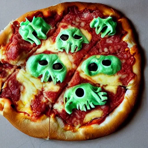 Prompt: zombie eating brain pizza