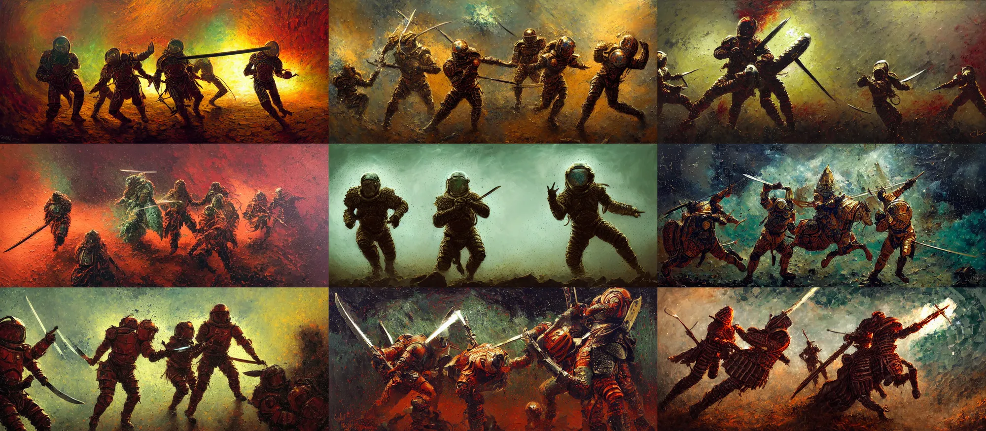 Prompt: combat scene, incan - astronauts, swords, fractal armor, girih, bargello, luminist, tonalism, dramatic lighting, action scene, palette knife, frenetic, chiaroscuro, figurative art, detailed, proportions, spatter, dust, atmospheric, volumetric lighting, venetian red, raw sienna, sage green