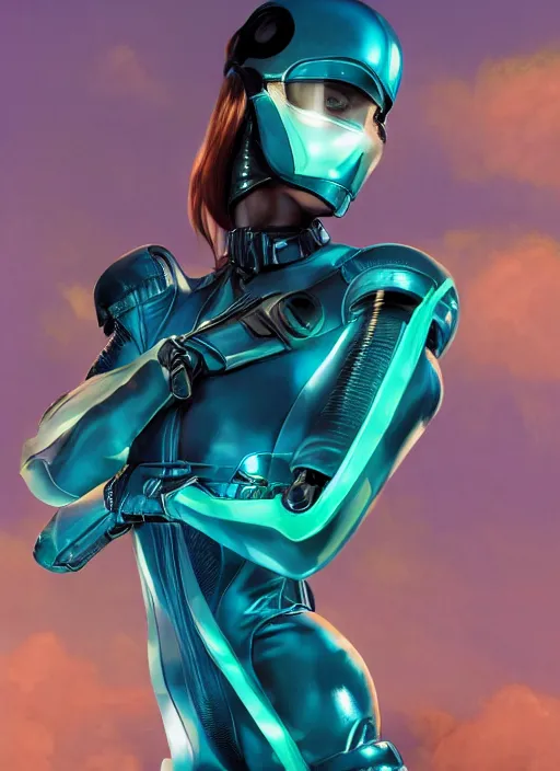 Image similar to symmetry! dynamic pose, closeup portrait of a cyborg racer girl, skintight leather racing jumpsuit, shoulder pads, cinematic light, backlight, teal orange, by gerald brom, clouds by mikhail vrubel, by peter elson, muted colors, extreme detail, trending on artstation, 8 k