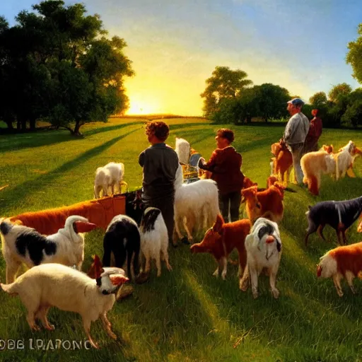 Image similar to feeding the farm dogs at sunrise, 4 k, by bob ross and norman rockwell