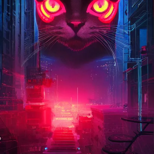 Image similar to a detailed matte painting of a neon cat under a black light with red led eyes, the cat is in a intricately detailed neo neon cyberpunk Japanese city, the angel of death with a halo, colorful background not limited to children, by Ismail Inceoglu , concept art, featured on cgsociety