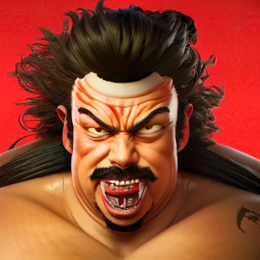 Image similar to danny mcbride as e. honda street fighter, japanese bathhouse background, ultra realistic, concept art, intricate details, highly detailed, photorealistic, octane render, 8 k, unreal engine, art by frank frazetta, simon bisley, brom