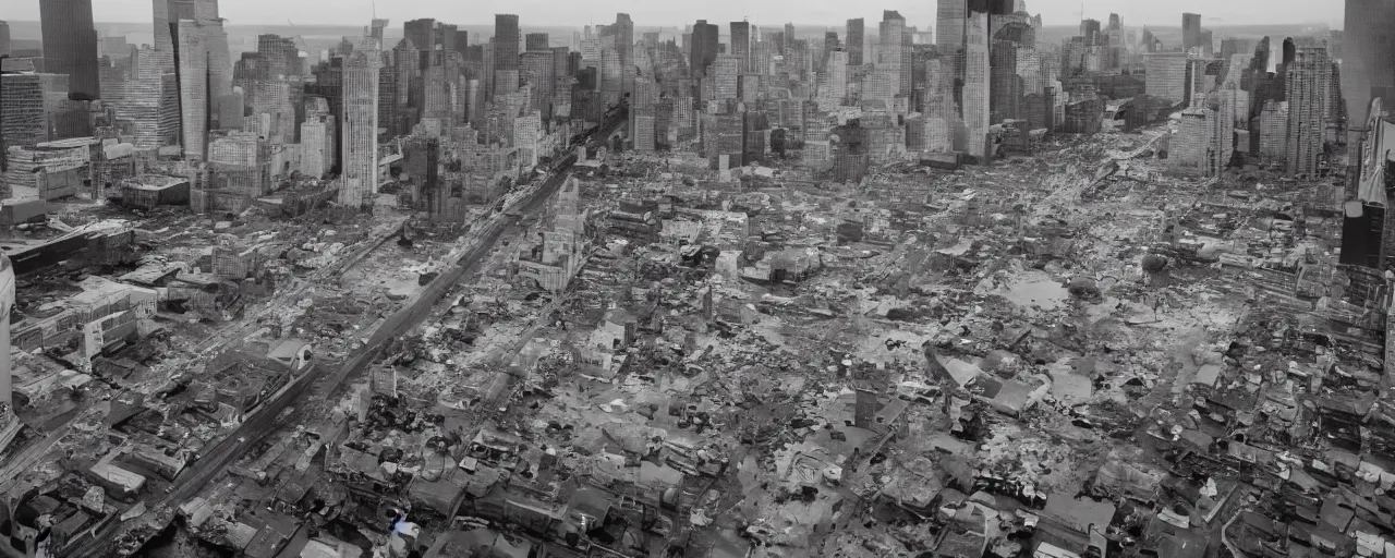 Image similar to times square after the oceans rise. The whole city is deep under water. Seaweed growing here or there, schools of fish glitter in the gloom. Rusted cars make a home for coral. Panoramic view