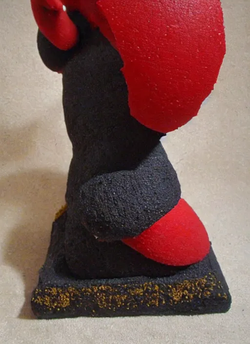 Image similar to sponge sculpture of an ancient warrior red and black and gold theme