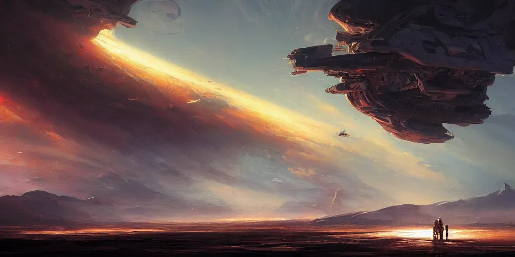 Image similar to a colorful spaceship emerges over the horizon of an alien planet, artwork by darek zabrocki, john howe, dramatic lighting, brushstrokes, paper texture.