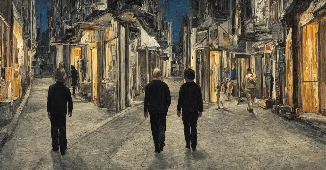 Image similar to todd solondz, high quality high detail painting of todd solondz walking with a friend in an empty tel aviv street, face of todd solondz, night, by lucian freud and gregory crewdson, hd, photorealistic lighting