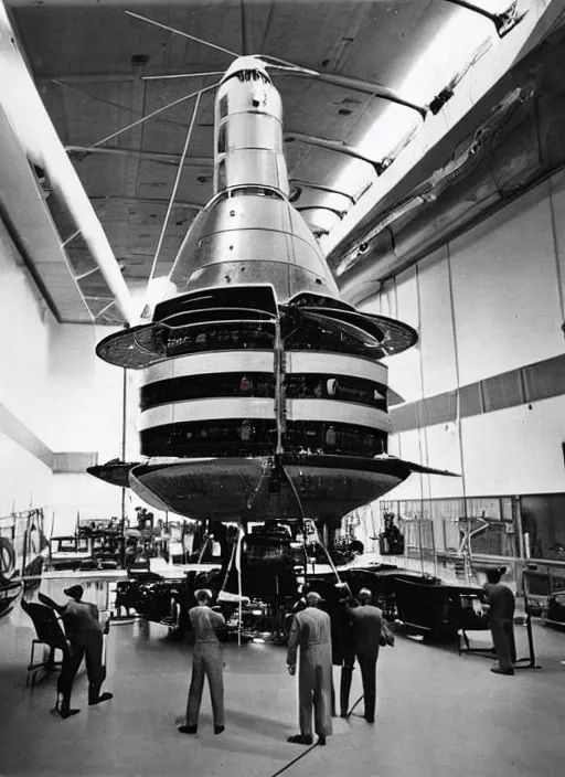 Prompt: vintage photograph of advanced spacecraft being serviced by humans in 1 9 6 0