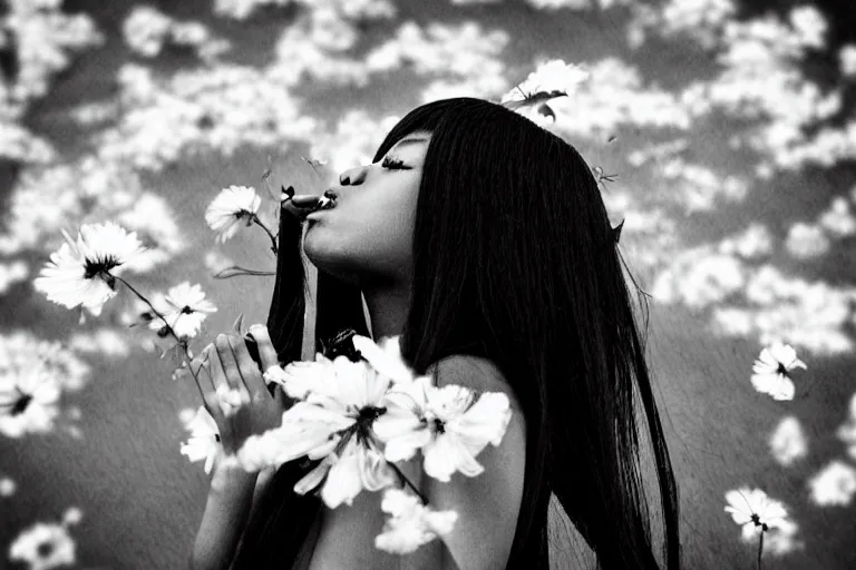 Image similar to “Extremely distraught black and white anime girl dramatically crying with flowers petals being blown around her by a violent wind, black and white”