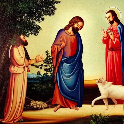 Image similar to jesus comes down to earth to slap a cat off of a tall tree, religious painting, oil painting