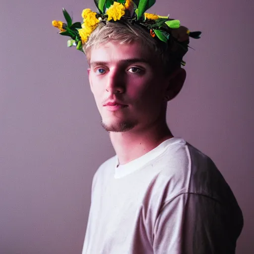 Prompt: kodak portra 4 0 0 photograph of a skinny blonde guy standing in a cluttered bedroom, back view, flower crown, moody lighting, telephoto, 9 0 s vibe, blurry background, vaporwave colors, faded!,