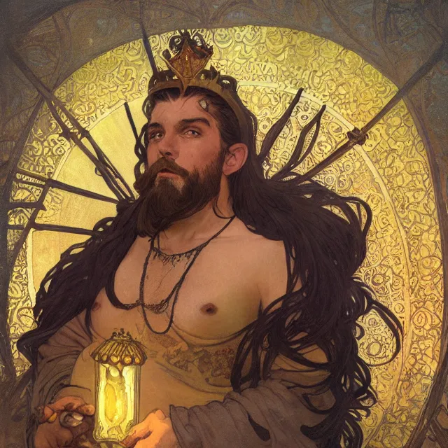 Image similar to an aesthetic! a detailed portrait of a man in a long beard, with a crown, holding a lantern with piles of gold in the background, by frank frazetta and alphonse mucha, oil on canvas, art nouveau dungeons and dragons fantasy art, hd, god rays, ray tracing, crisp contour lines, huhd