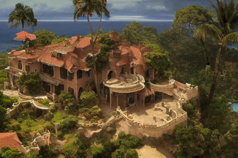 Prompt: lovely villa sits atop a broad cliff, overlooking the entirety of the blue sky, digital painting by greg rutkowski and gaston bussiere, zbrush, cgsociety contest winner, comprehensive art, intricate, landscape photography, brightly radiant atmosphere, overcast sky, homogeneous to hawaii, 4 k, 8 k