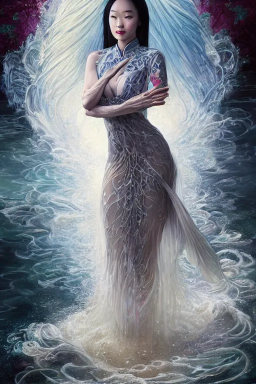 Image similar to portrait of a beautiful woman wearing a cheongsam dress, drenched body, silver hair, emerging from the water, dark fantasy, regal, fractal crystal, fractal gemstones, by ross tran, stanley artgerm lau, thomas kindkade, loish, norman rockwell