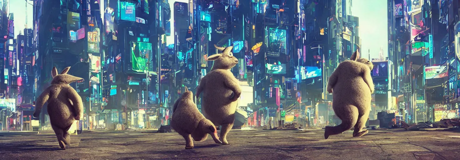 Prompt: photo big chungus roaming in a cyberpunk futuristic city