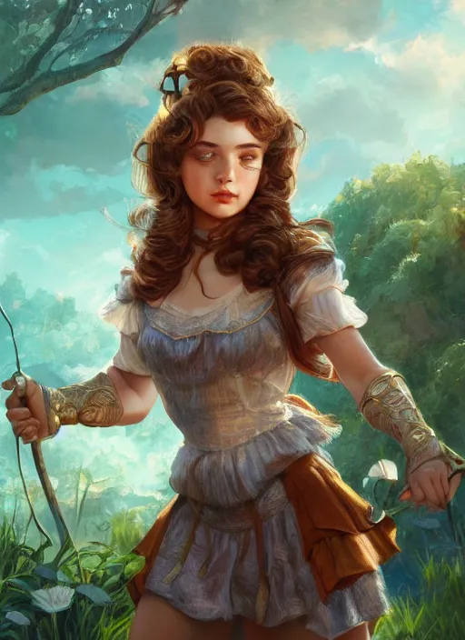 Image similar to beautiful female Dorothy gale, full body character concept, armor, super powers, fantasy, intricate, elegant, highly detailed, digital painting, artstation, concept art, shining, sharp focus, illustration, art by stanley lau