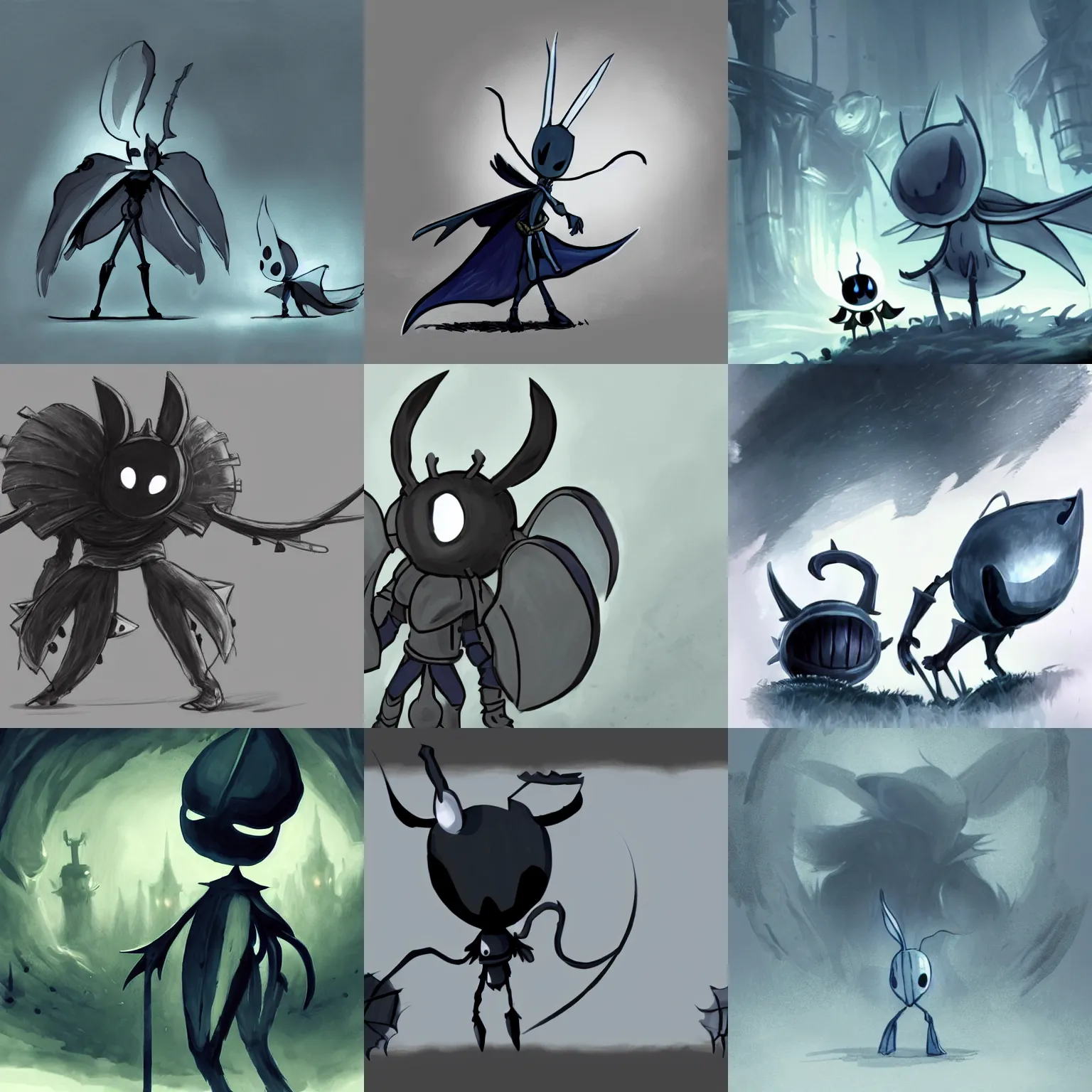 Prompt: the knight from the video game hollow knight (2017), concept art, high quality