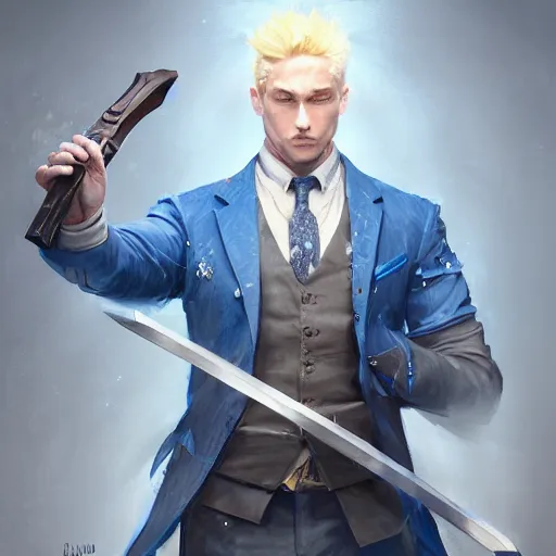 Prompt: a man with blonde hair in a blue suit wielding a large sword and a gun in a holster, fantasy, digital painting, volumetric light, intricate, sharp, focus, bloom, illustration, highly detailed, concept art, matte, ruan jia, randy vargas, greg rutkowski