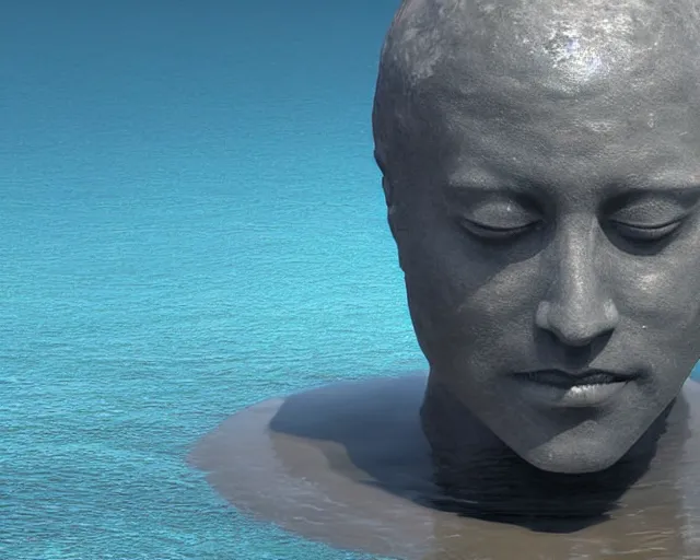 Image similar to a giant sculpture of an abstract human head on the surface of the ocean, award winning, hyper - realistic, very detailed, realistic water, ray tracing, 8 k resolution, long - shot, sharp focus, low angle, 8 5 mm photograph, wide lens