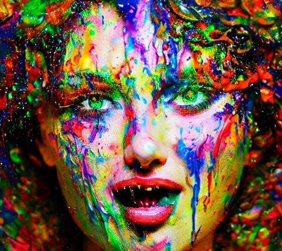 Image similar to still shot footage of a portrait of a female angel's head made of acrylic pour and coloured powder explosion and splashing paint and dripping paint and flying paint chunks, closing eyes, motion blur, hyperrealistic, medical, intricate art photography, anatomically correct, realistic crisp textures, 1 6 k