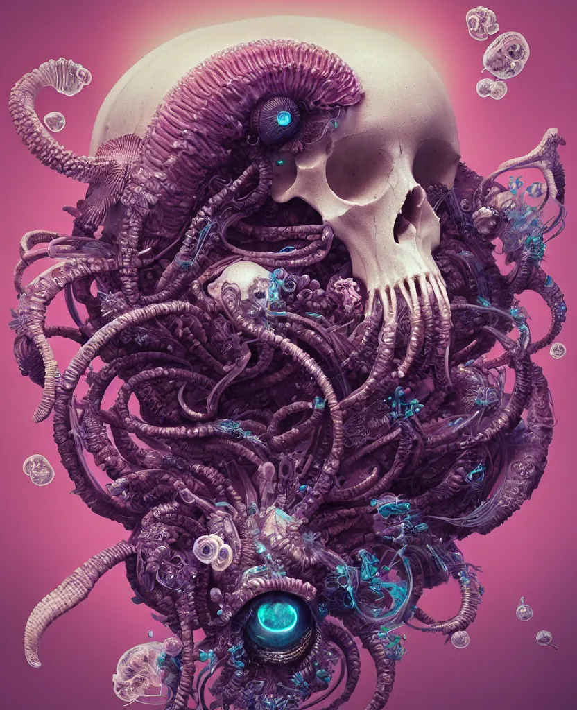 Image similar to goddess close-up portrait ram skull, thorax, x-ray, backbone, jellyfish phoenix head, nautilus, orchid, skull, betta fish, bioluminiscent creatures, intricate artwork by Tooth Wu and wlop and beeple. octane render, trending on artstation, greg rutkowski very coherent symmetrical artwork. cinematic, hyper realism, high detail, octane render, 8k