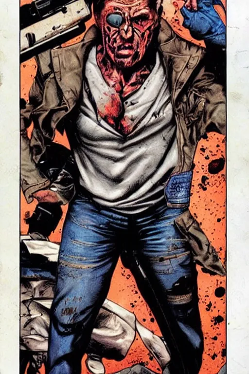 Image similar to ultra violent comic book cover of a contract killer named cobalt. he wear a denim jacket over a bloody white shirt. he has a scar up the side of his face. art by glenn fabry.