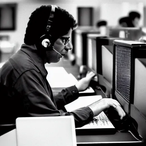 Prompt: a picture of kevin mitnick working in an indian call center, canon, black and white, high resolution, perfect face, detailed face