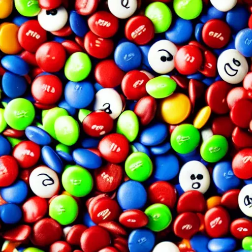 Prompt: M&M's candy with crazy monsters pictures on them , 8k hd dof
