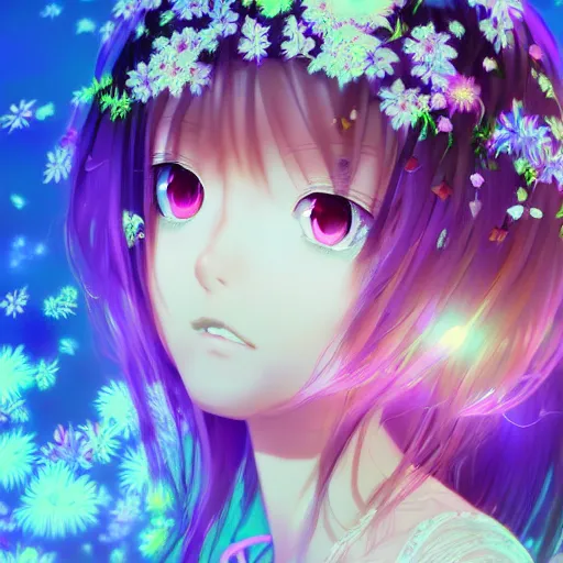 Image similar to Photorealistic beautiful anime princess with flowers. Hyperdetailed photorealism, 108 megapixels, amazing depth, glowing rich colors, powerful imagery, psychedelic Overtones, 3D finalrender, 3d shading, cinematic lighting, artstation concept art