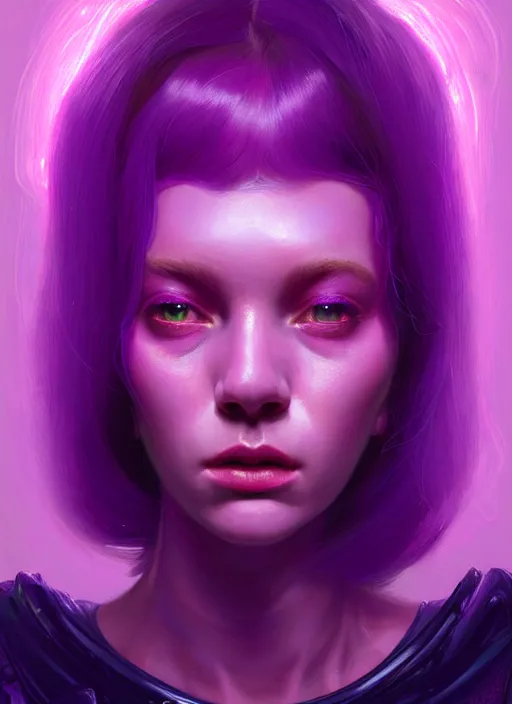 Image similar to portrait of trippy alien girl, purple long hair, jock, beefy, wide face, square jaw, square facial structure, intricate, elegant, glowing lights, highly detailed, digital painting, artstation, concept art, sharp focus, illustration, art by wlop, mars ravelo and greg rutkowski