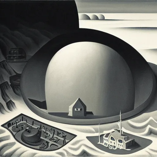 Image similar to painting of mysterious alien saucer hovering over seaside village, 1939, by Thomas Hart Benton