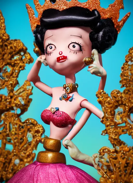 Image similar to closeup face profile portrait of tin toy betty boop as a fairytale princess wearing a crown eating cakes, bikini, depth of field, zeiss lens, detailed, symmetrical, centered, fashion photoshoot, by nicoletta ceccoli, mark ryden, lostfish, breathtaking, 8 k resolution, extremely detailed, beautiful, establishing shot, artistic, hyperrealistic, octane render