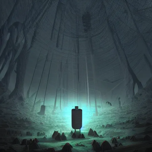 Image similar to A glowing cube in a dark, fantastic landscape, surrounded by many hooded figures circling the cube. Epic Digital Art, High Detail, 4k